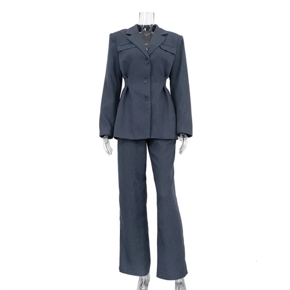 Slow Color Casual Waist Sports Jacket and Pants Set Flip Collar Three Button Womens Two Piece 241115