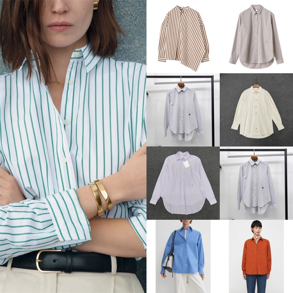 Womens vertical stripe shirt short front and back short sleeved vertical stripe shirt loose long sleeved commuting style TT 241115