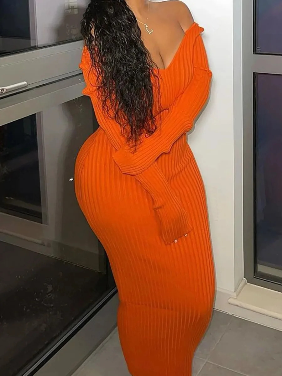 LW Plus Size dress Off The Shoulder Rib Knit Bodycon Dress Women Maxi Dress Autumn Elegant Long Sleeve Dress Fashion Dresses 240407