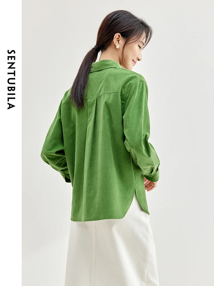 SENTUBILA Womens Cotton Corduroy Shirt Flip Collar Single Chest Spring Green Loose Shirt Womens Long Sleeve Top 133C51681 241115