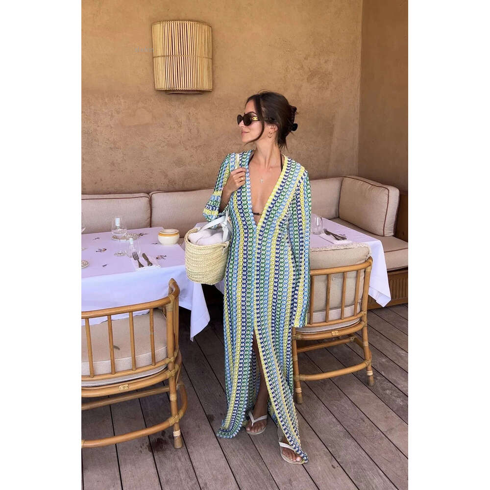Crochet Colorful Stripe Maxi Dress Women Flare Sleeve Vneck High Split Sexy Long Dresses Autumn Beach Banquet Vestidos 240513