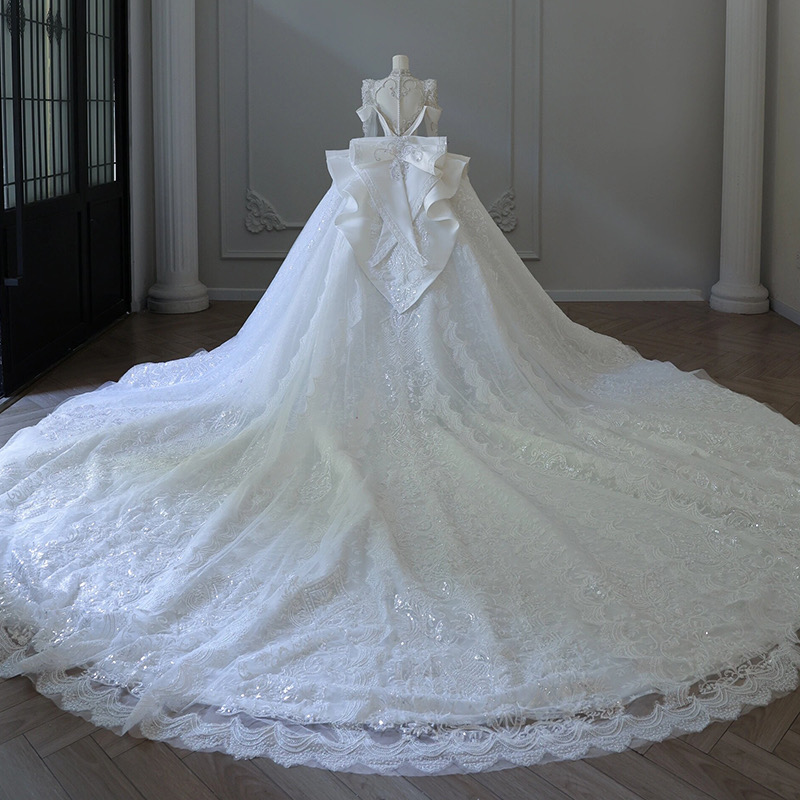 Modest Princess Lace A Line Dresses new Appliques Court Train Bridal Gowns Wedding Dress Plus Size vestidos de noiva Dubai Arabic lace up beach bride 