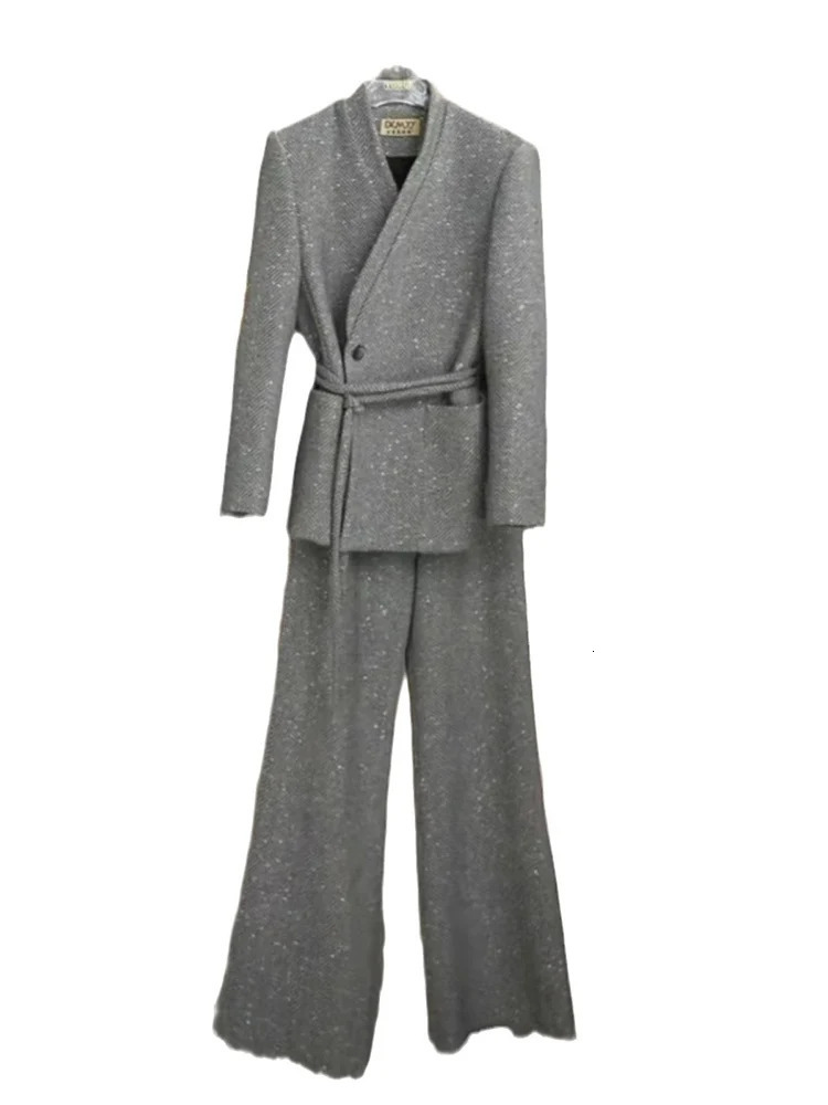 BZVW Office Womens Two Piece Set Vneck Single Button Lace Spliced Waist Jacket Wide Leg Pants 25Z1143 241115