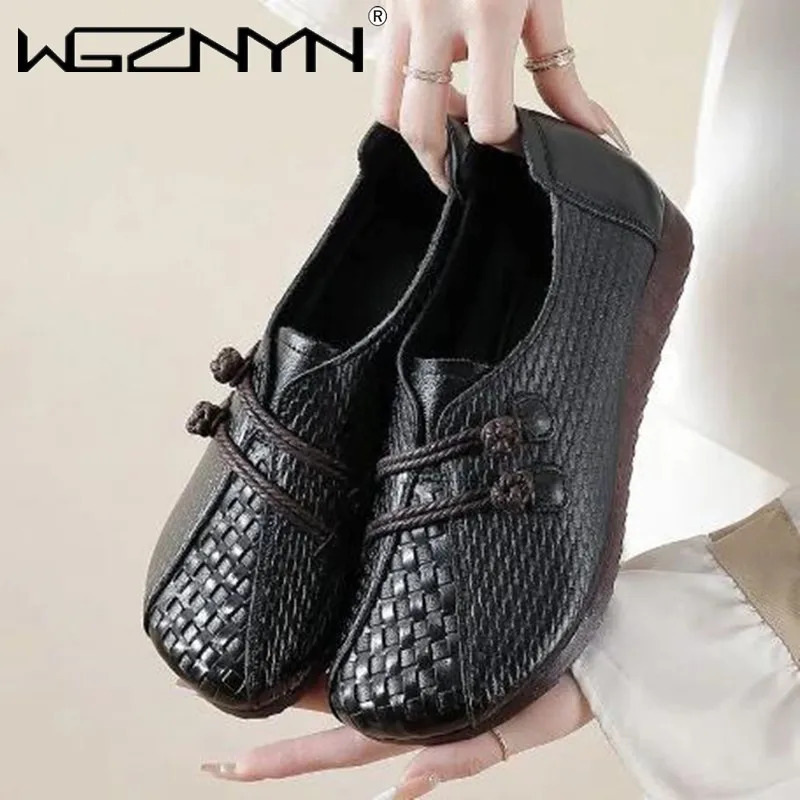 2024 Spring Leather Apartment Womens Wide Fit Grandmas Bigfoot Shoes er Double Rope Round Sole Black Sports Shoes 241115