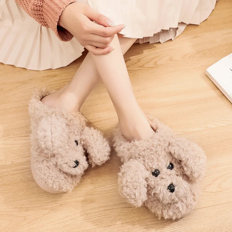 Comwarm Cute Dog Short Plush Slippers For Women 2023 Winter Warm Furry Cotton Shoes Couples Home Indoor Bedroom Cozy Slippers 241115