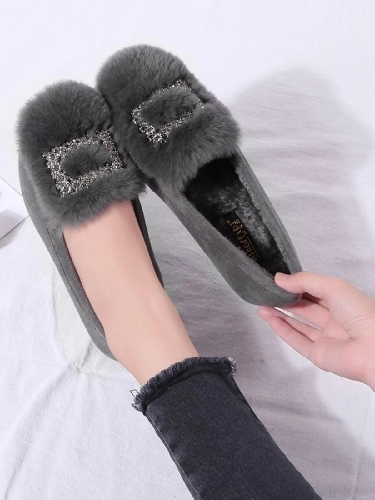 Casual womens shoes slip onto Loafers fur soft high heels womens shoes round toe flash slip onto winter dress Moccasin slip onto TPR 241115