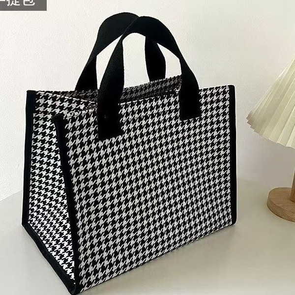 Designer Fashion Thousand Bird Grid Large Capacity Canvas Waterproof Handbag Portable Shopping Open Outing Tote Bag