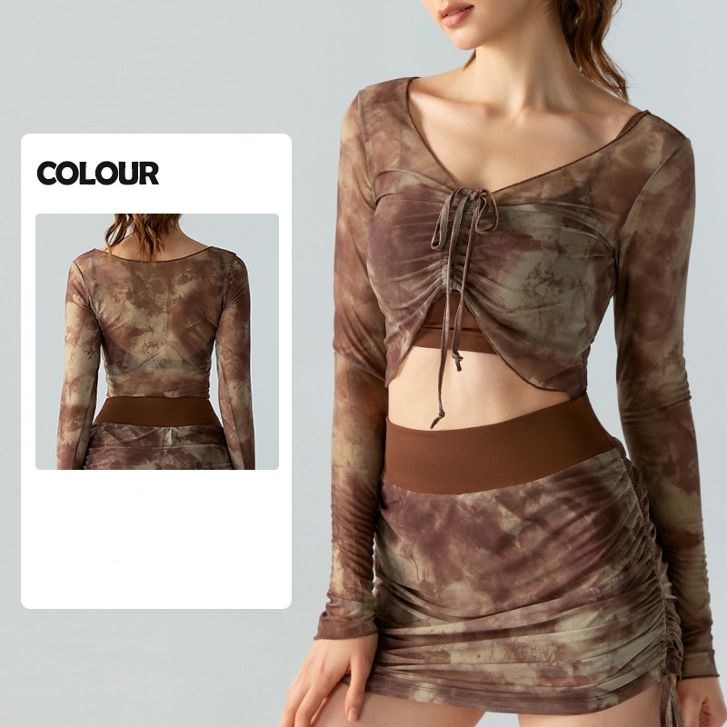 2025--Women Yoga Long Sleeve Shirts+Short Skirts Set Yoga Outfit Fitness Suit Top Printed Gauze Sports Shirts Sports Shaping Waist Tight Fitness Sport