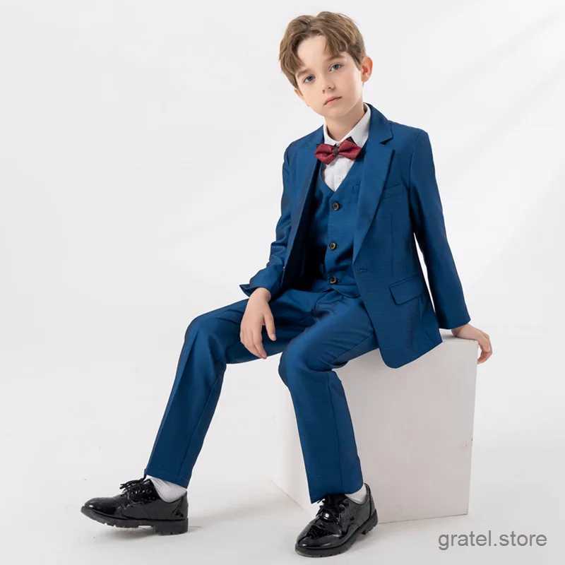 Suits Flower Boys Gary Blue Jacket Vest Pants Bowtie 4PCS Piano Party Dress Kids Ceremony Photograph Suit Children Performance Costume