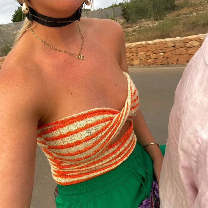 CHRENSTYLE Strapless Knitted Tube Crop Top Womens Hollow Sleeveless Summer Autumn Backless Y2K Tank Retro Fashion 241111