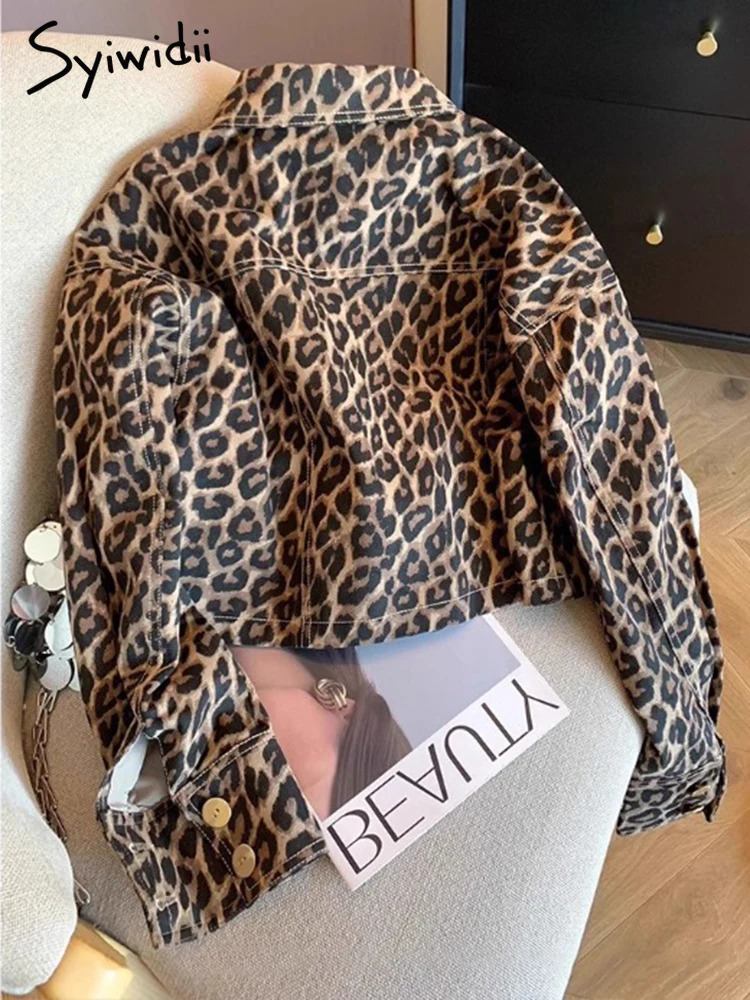 Syiwidii Womens Leopard print Jacket Flip Collar Single Chest Casual Coat Autumn Fashion Long Sleeve Womens Jeans Jacket 241115