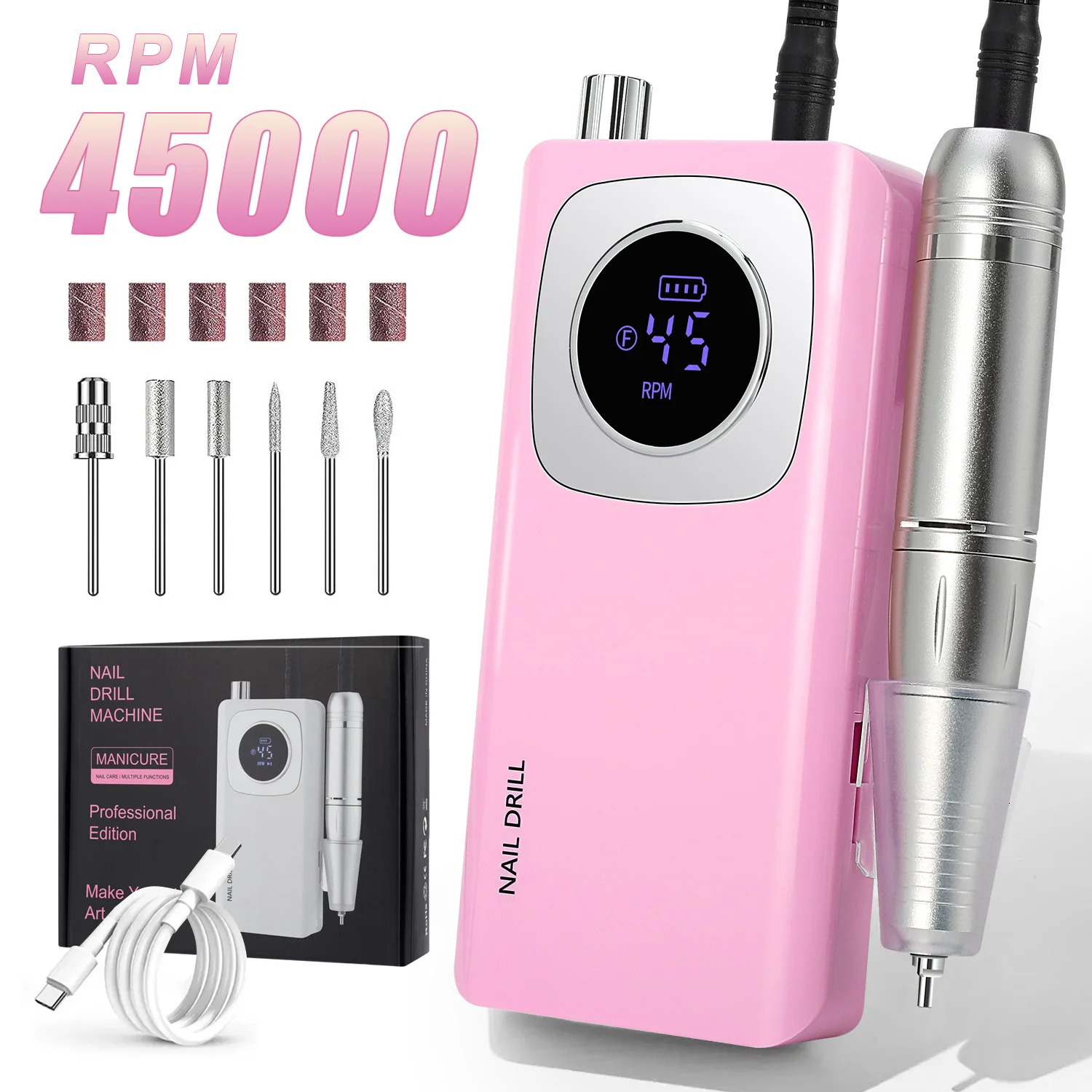 45000RPM Nail Drill Manicure Machine Electric Drill For Nails Rechargeable Nail Sander for Gel Nails Polishing For Home Salon 241115