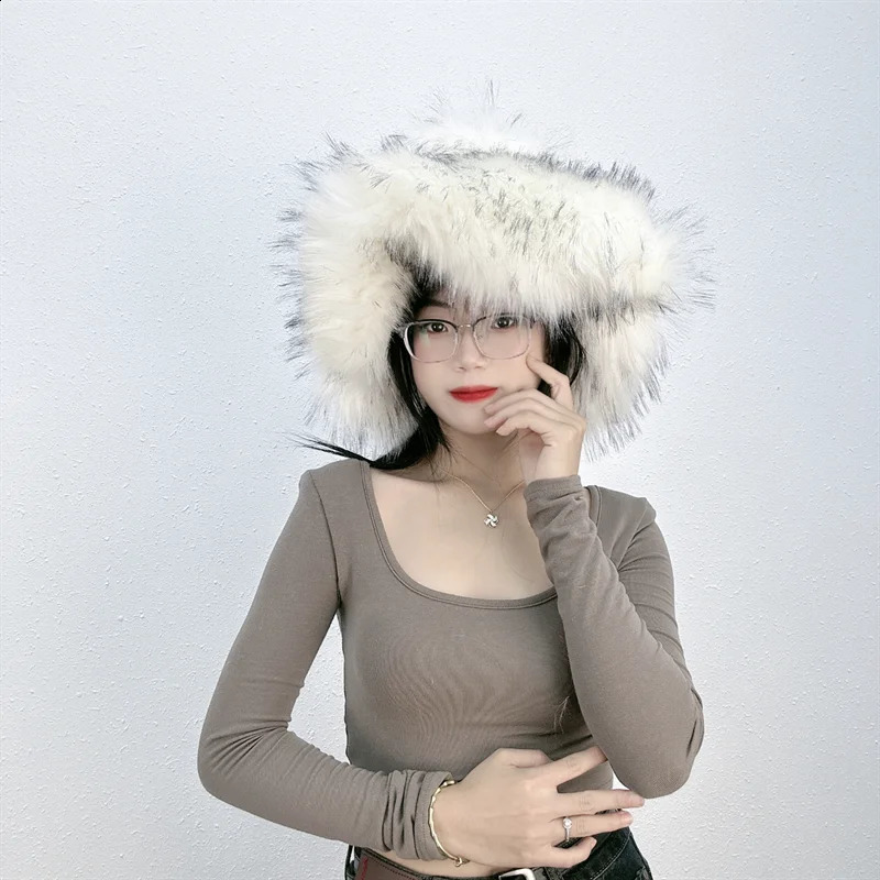 Winter Warm Plush Bucket Hat Women Oversize Earflaps Fluffy Faux Fur Hats Fashion Furry Raccoon Cotton Solid Color 241116