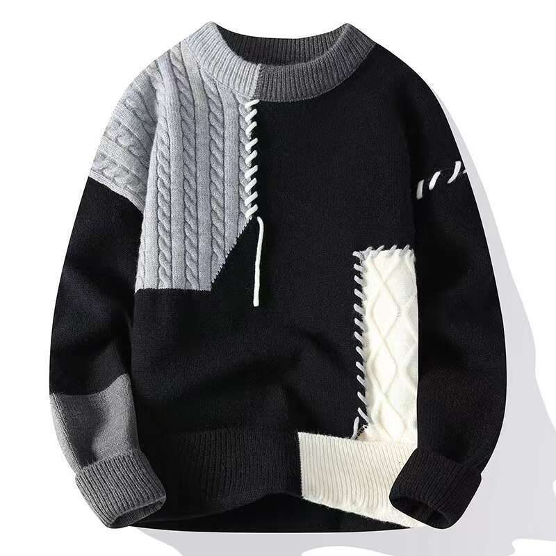 2024 Autumn Winter Warm Mens Sweaters Fashion Turtleneck Patchwork Pullovers New Korean Streetwear Pullover Casual Men Clothing