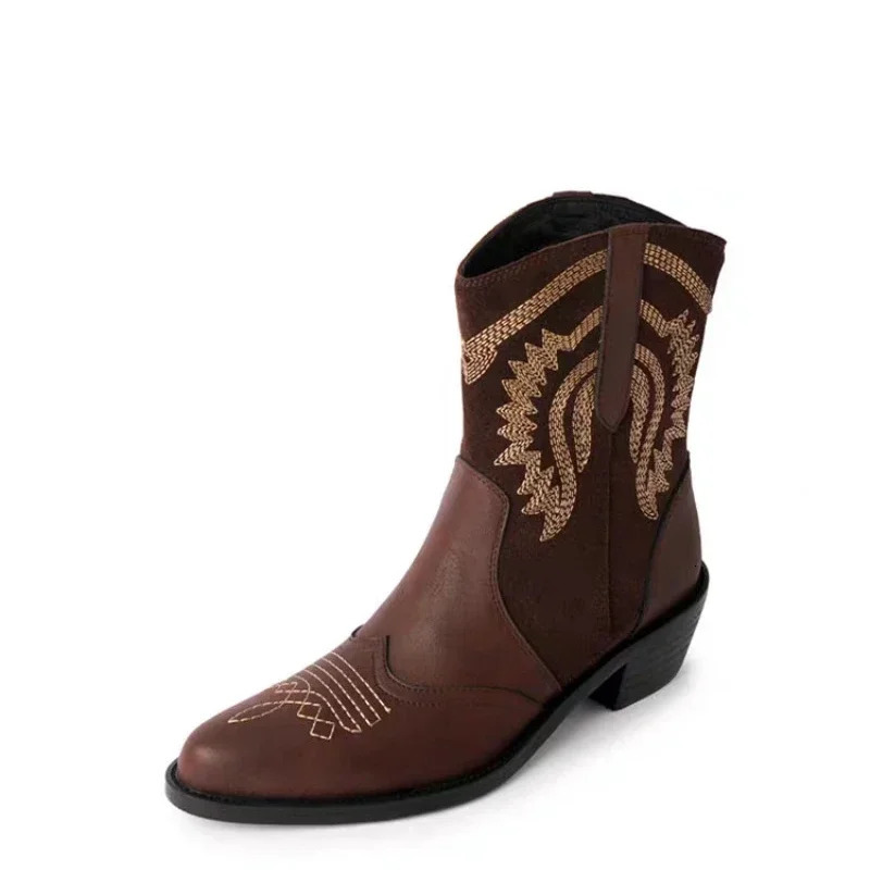 Size Mens ankle denim boots suede leather embroidered denim boots thick high heels winter short boots 241115