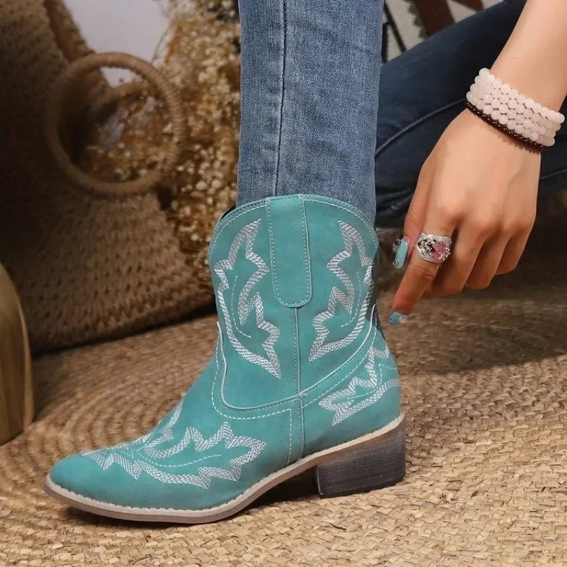 Fashion Embroidered Thick Heel Womens Boots Autumn Western Cowboy Ankle Boots Pointed Casual Shoes Womens Short Boots 241115