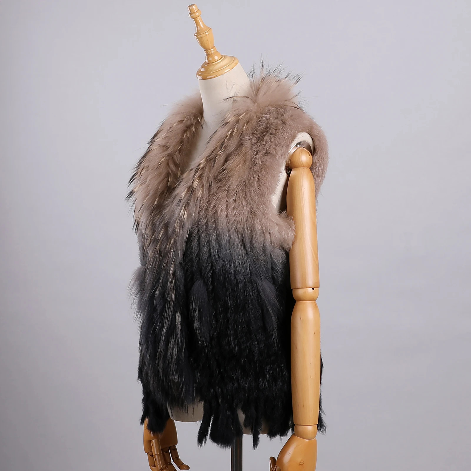Womens Genuine Premium Long Hair Rabbit Fur Knit Vest Raccoon Trim Gilet Lady Sleeveless Waistcoat Real Jacket 241116
