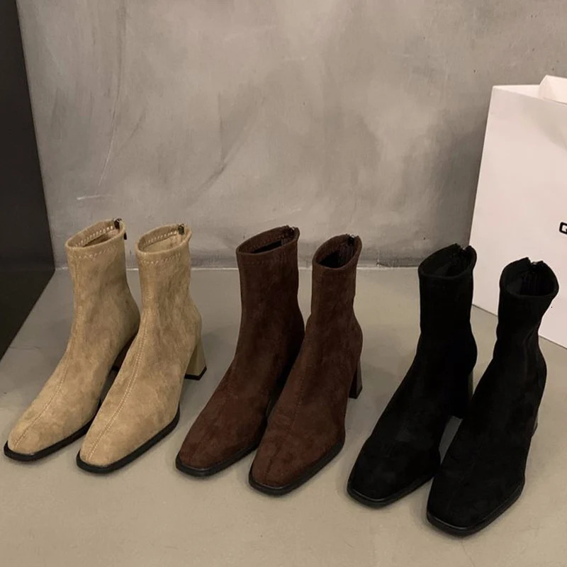 High heels womens snow collar boots suede square toe winter er Chelsea boots 2024 trend gothic gladiator Bottas de Mujer 241115