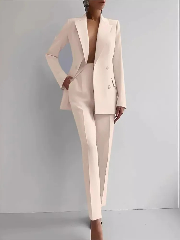 2024 Casual Long Sleeve Suit Set Office Lady Solid Elegant Slim Spring Autumn Tops Blazer Pants Two Piece Women Outfit 241115