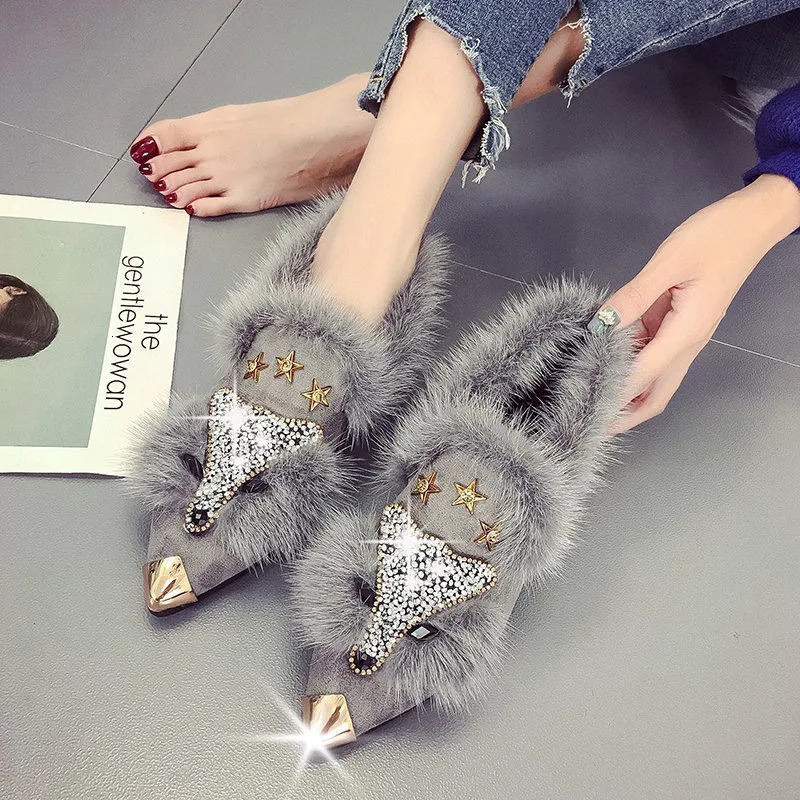 Womens ankle boots crystal womens boots winter fashion metal corner toes fluffy plush high heels womens wedding party shoes 241115