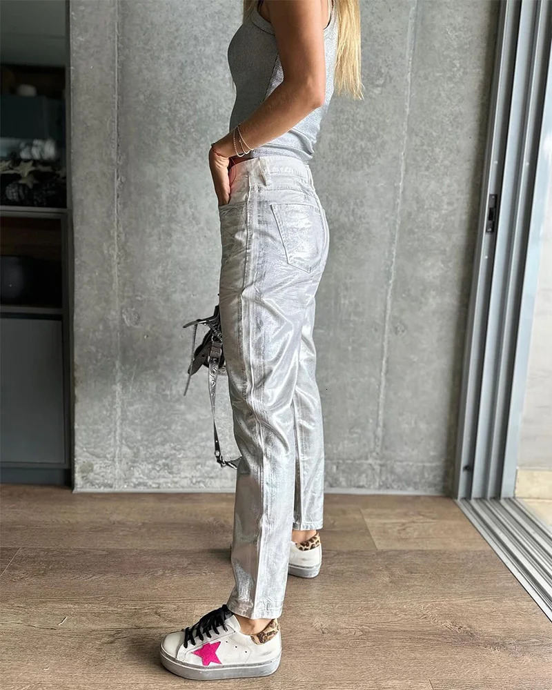 Metallic tapered jeans Summer Fashion Silver Gold Women Denim Pencil pants Solid Zipper trousers Vintage Chic Jean 241115