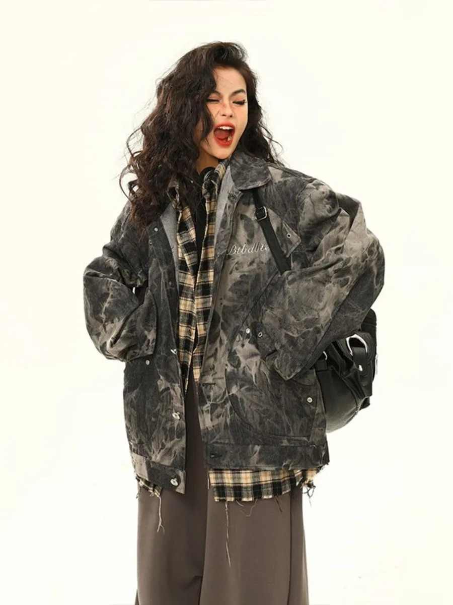 Vintage Y2k tie dye denim jacket mens loose and trendy denim jacket spring and autumn long sleeved full matching casual chic jacket 241115