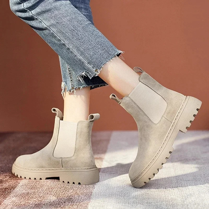 Chelsea Boots Chunky Boots Womens Winter Shoes Cow Velvet Ankle Boots Black Womens Autumn Fashion Platform Boots 241115