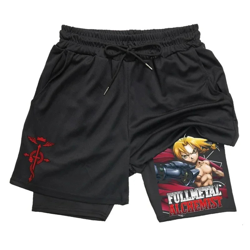 Anime Fullmetal Alchemist Gym Workout Shorts for Men 2 in 1 Compression with Pockets 5 Inch Quick Dry Running Fitness 240411