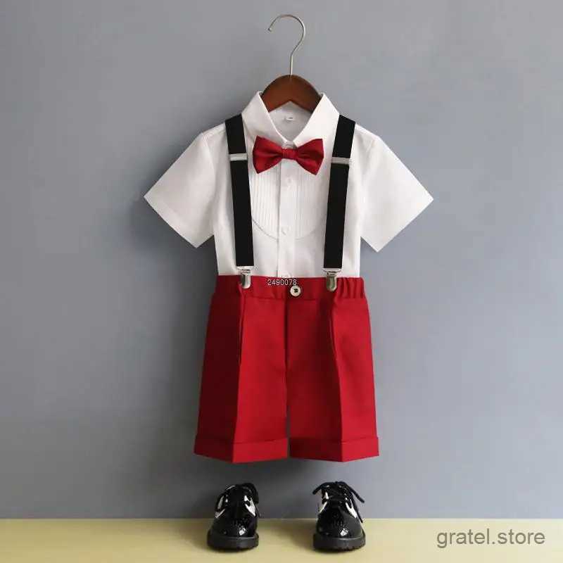 Suits Children Formal Strap Shirt Short Bowtie Clothing Set Kids Summer Photograph Birthday Dress Boys Piano Performance Dance Costume