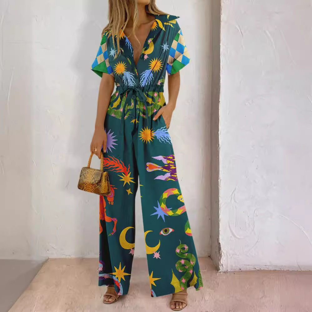 Street Style Womens Printed Cotton Pants Jumpsuit High Waist Casual 240416