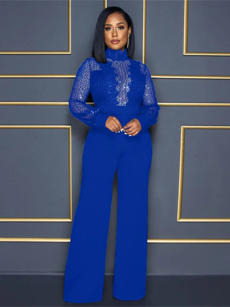 Streetwear Sequins Lace Patchwork Jumpsuit Women Autumn Clothes Solid Full Sleeve Rompers Playsuits One Pieces Overalls Outfits 241116