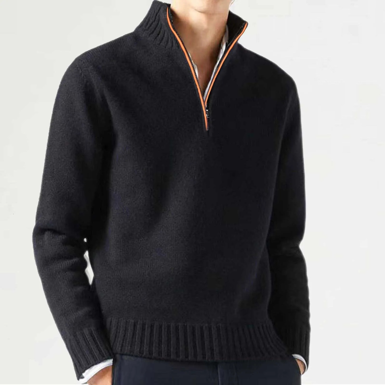 Mens cashmere zipper basic sweater winter mens wool thick sweater high-quality mens ultra-thin half zipper turtle neck warm handle 241112