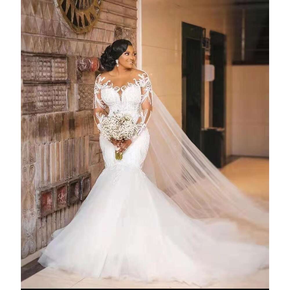 Size Mermaid Plus Wedding Aso Ebi Sheer Neck Bride Dress Long Sleeves Sexy Dresses African Arabic Charming Train Formal Bridal Gowns Es 6660311