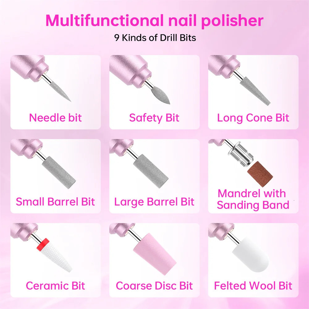 Electric Nail Drill Machine for Acrylic Gel Nails Manicure Pedicure Nail Polishing Tools Home Salon USB Rechargeable 241115