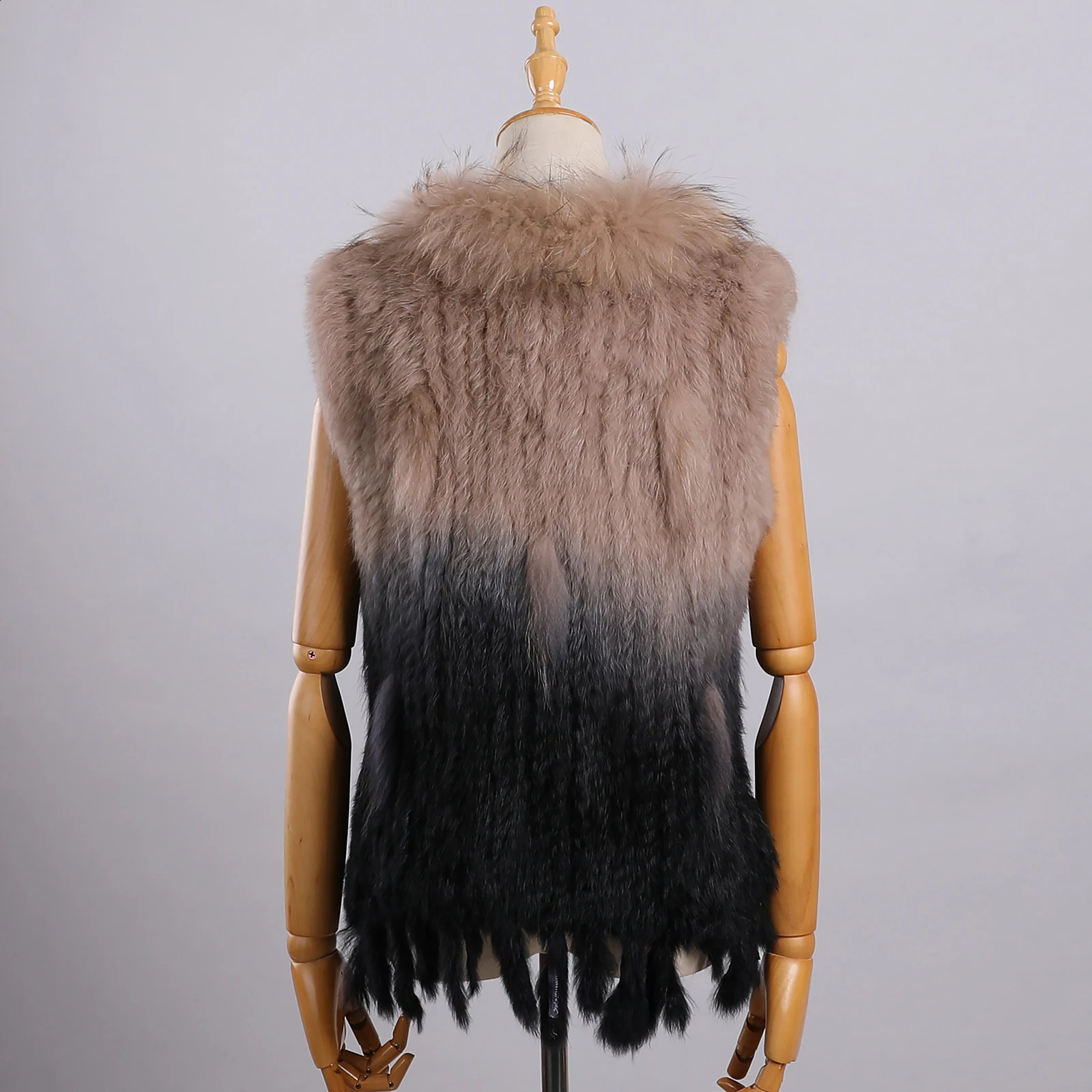 Womens Genuine Premium Long Hair Rabbit Fur Knit Vest Raccoon Trim Gilet Lady Sleeveless Waistcoat Real Jacket 241116