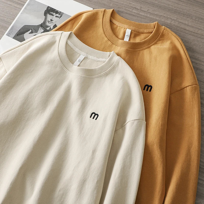 Dukeen 340gsm Heavy Embroidered Sweatshirt Men Plain Long-Sleeved T-Shirt Round-Neck Loose Trend Solid Coloe Tops 240409