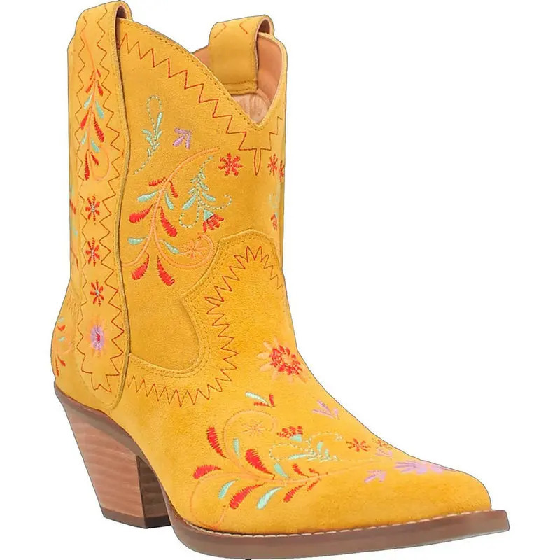 Large size 48 49 50 artificial suede yellow blue curved toe ethnic embroidery flower short fat high heels womens western cowboy boots 241115