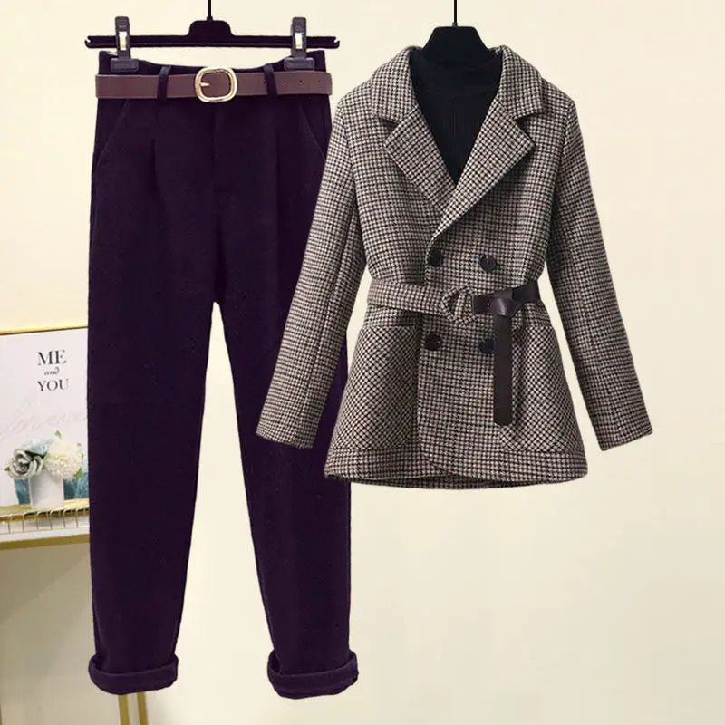 Korean style belt decoration retro jacket casual pants twopiece elegant womens office set 241115