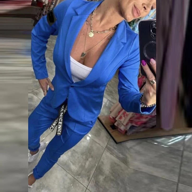 Autumn solid twopiece set jacket elegant office lapel single button womens winter casual lace pants 241115