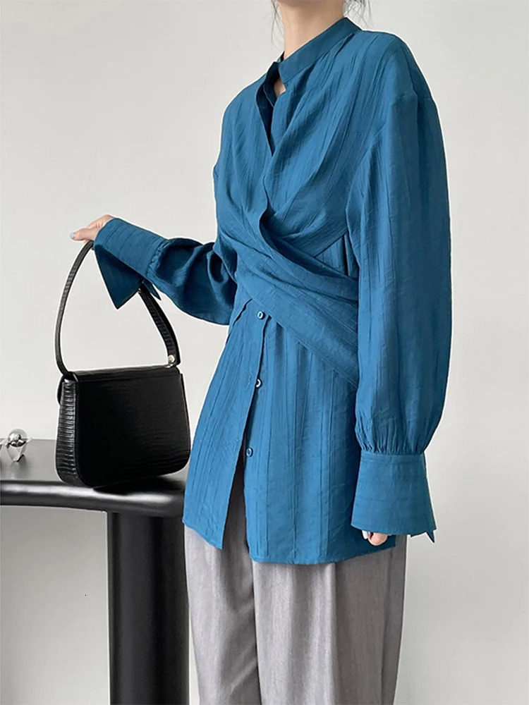 Home>Products>Womens Almond Cross Bandage Shirt> Stand up Long Sleeve Loose Fit Shirt>Fashion Trend Spring and Autumn 1DF1552 241115