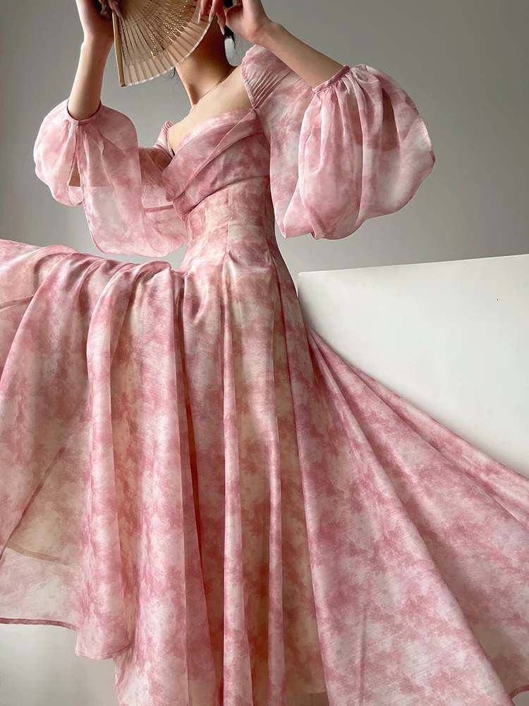 Pink Floral Dress Elegant Woman Long Sleeve Chiffon Casual Midi Dress Even Party Elegant Flormal Dress Beach Style Summer 240410