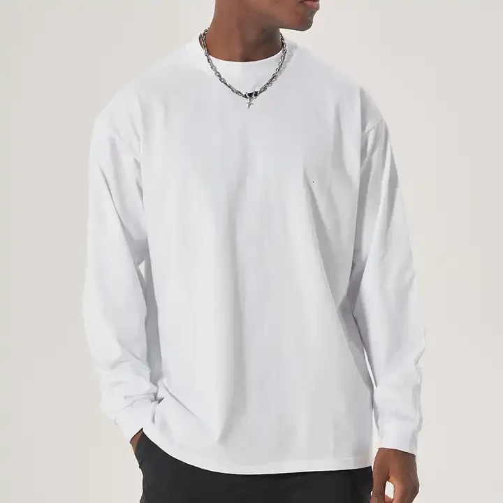 300GSM Heavyweight Autumn Long Sleeves T Shirt for Men 100%Cotton Plain Shirt O-Neck White Tops Oversized Mens Clothing 240409