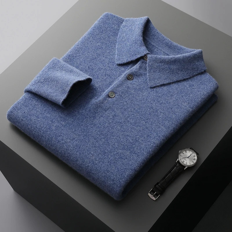 SpringAutumn Cashmere Mens Sweater Polo Collar Long Sleeve Pulling Knitted Casual Youth Bottom Clothing 241115