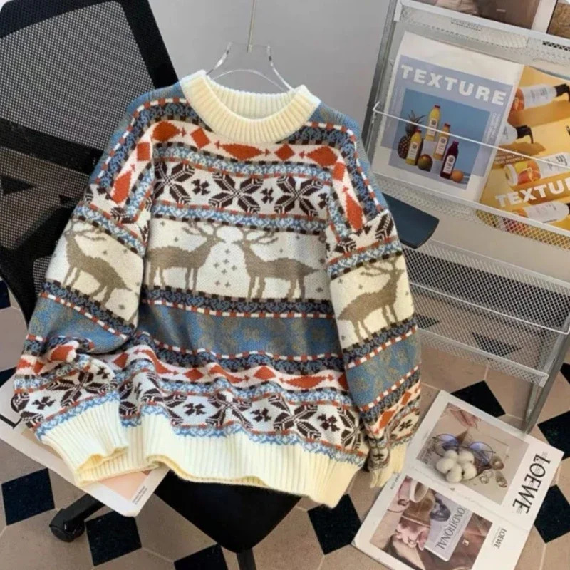 retro Christmas outfit men deer jacquard sweater autumn and winter loose lazy style men and women sweater men clothing 241116