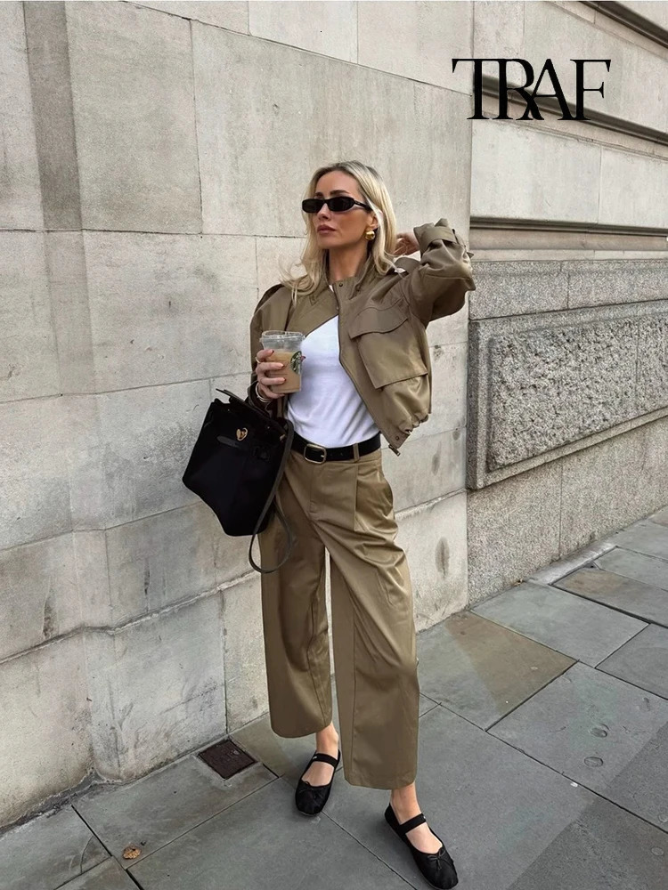 TRAF Womens Fashion Army Green Jacket Coat Two Piece Retro Lapel Pocket Trench Autumn Winter Casual Street Pants Set 241115