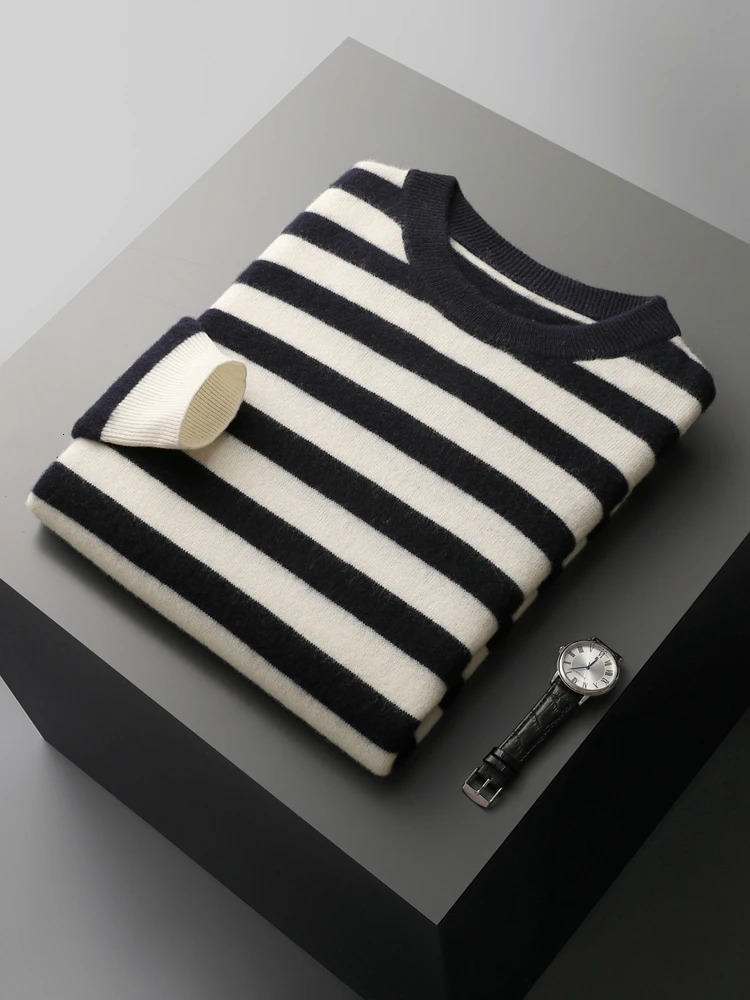CHICOU Autumn Mens Oneck Striped Wool Pullover Basic Casual Long Sleeve Cashmere Sweater 100% Merino Knitted Top 241115