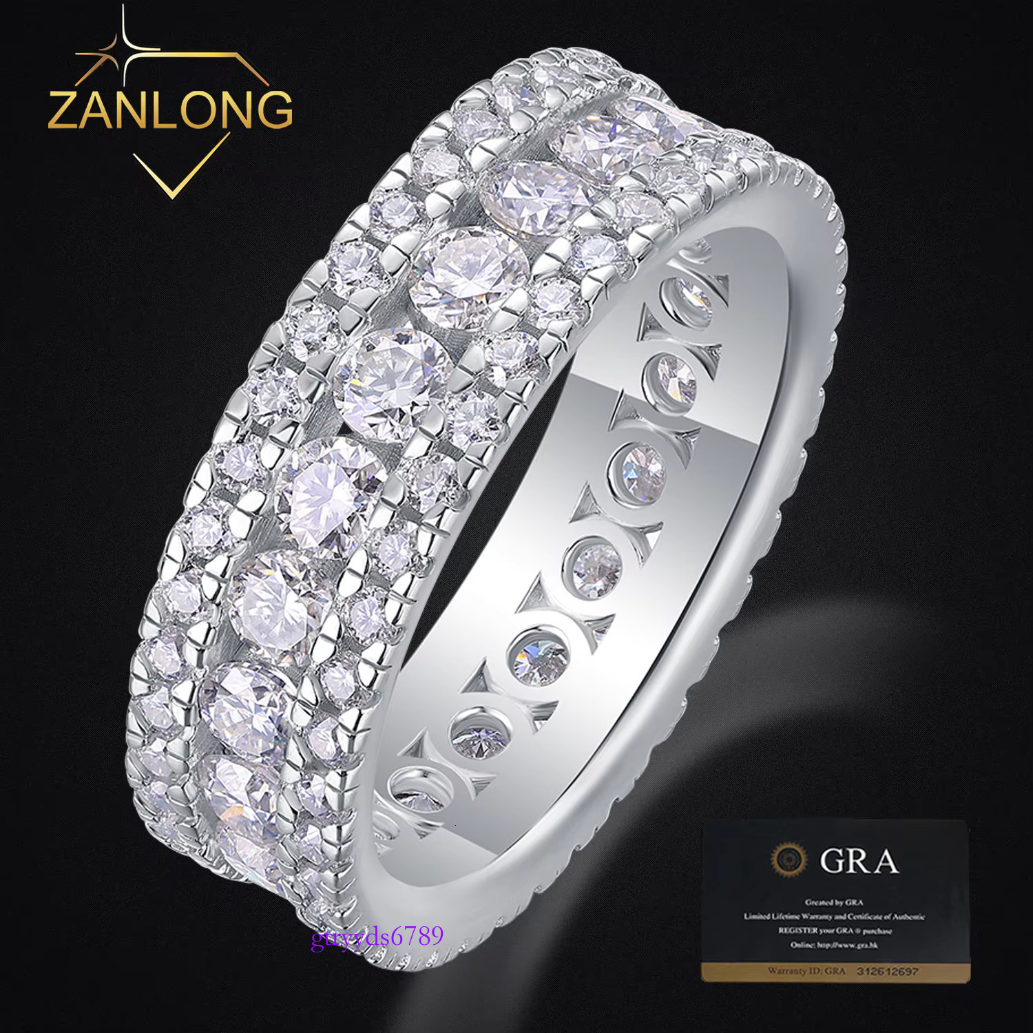 Zanlong 13768 Sterg Sier Moissanite Fine jewelry 3 rows Eternity Wedding Ring Band for Men Women GRA Certificate