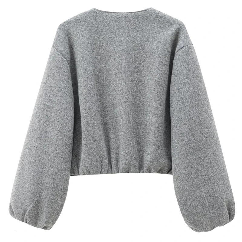 HXAO coarse woolen crop jacket womens womens bomber jacket soft gray beige jacket autumn long sleeved O-neck jacket casual jacket 241115