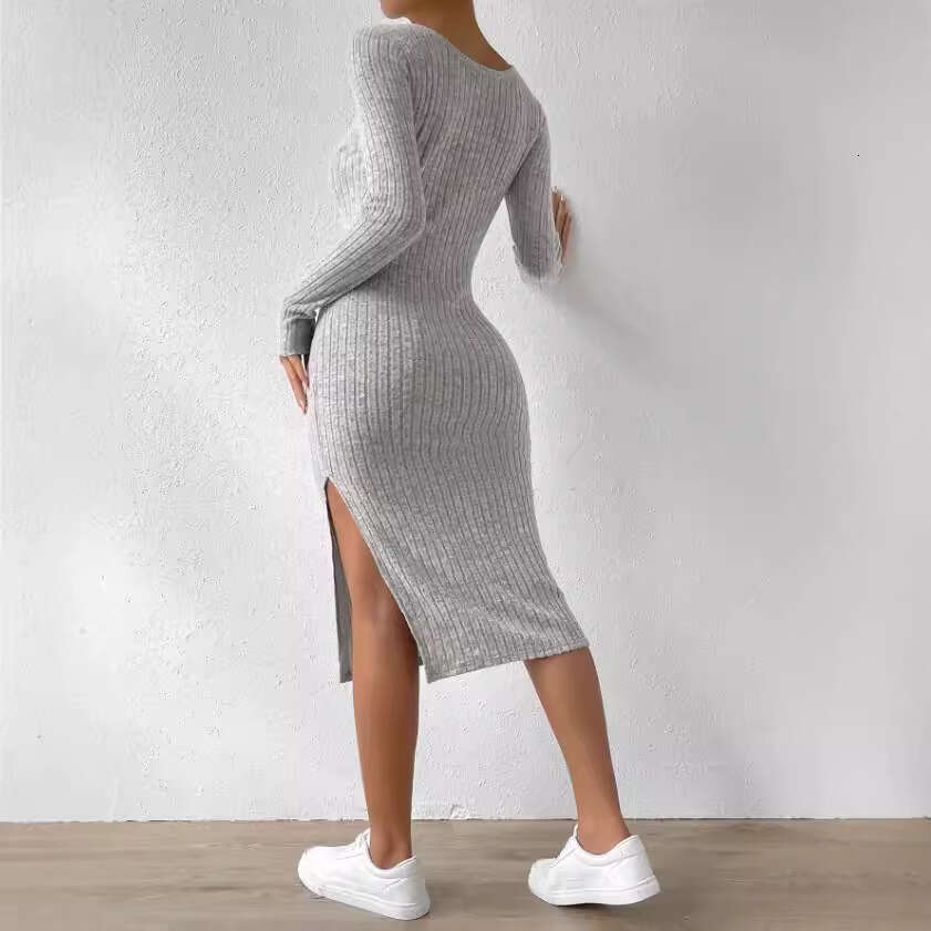 Autumn and winter new square collar long sleeved hem slit jacquard brushed dress for women