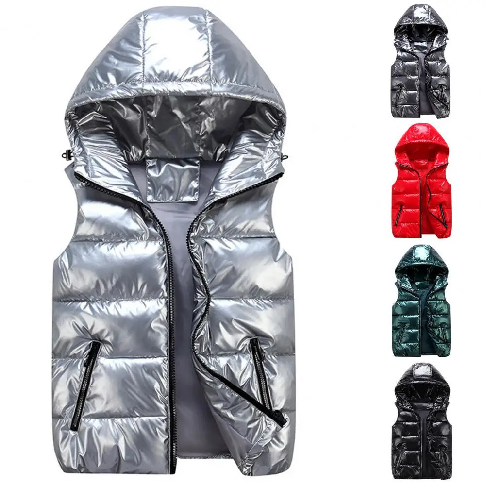 1 soft womens winter vest solid color hooded warm winter waist jacket elastic hem pocket light colored quilted vest suitable for daily wear 241111